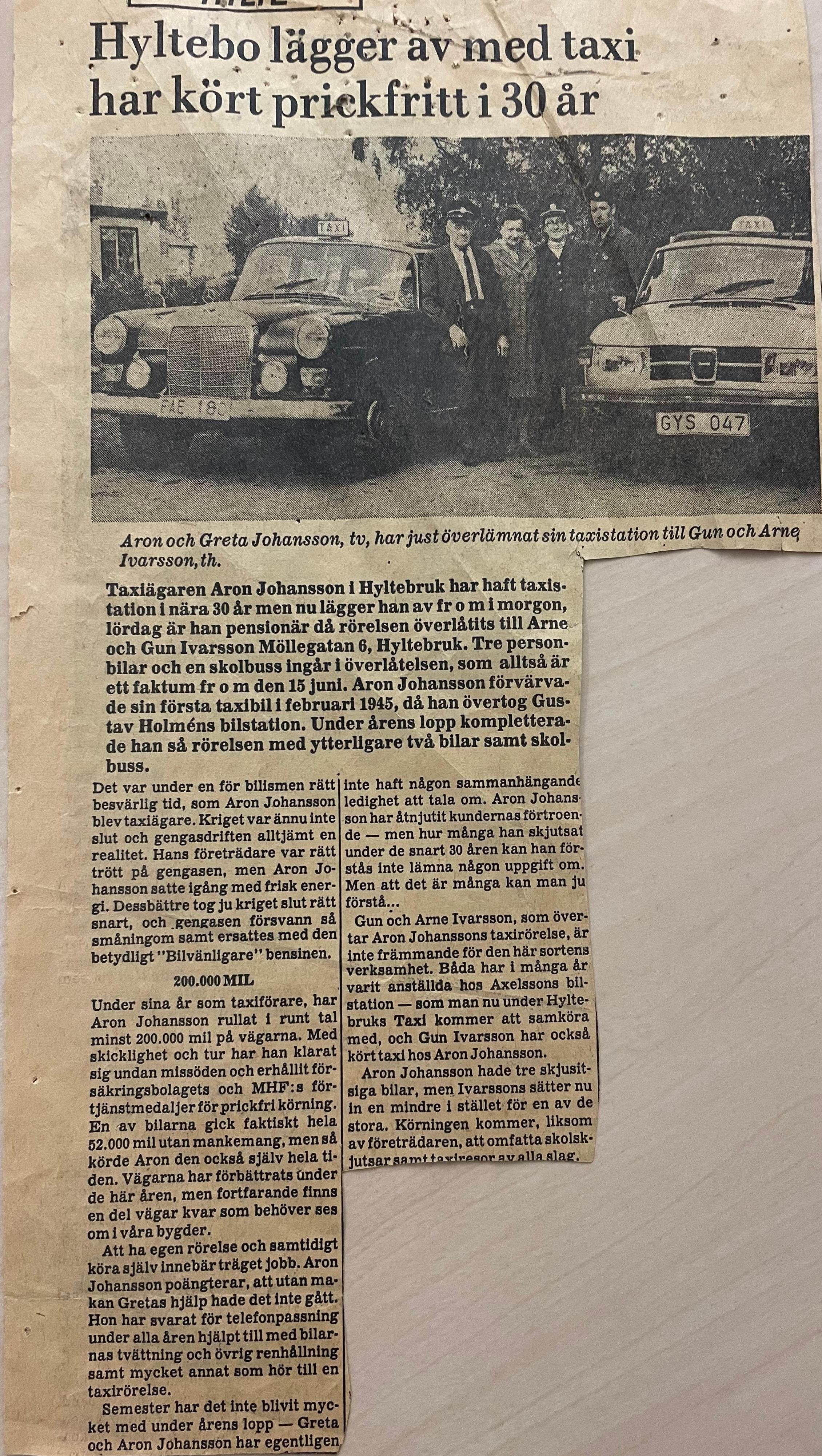BIld: Tidningsartikel från 1974 om när Ivarssons Bilservice tar över taxiverksamhet.